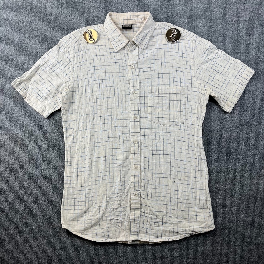 Reliance Button Up‎ Short Sleeve Shirt Men's Ivory Blue Faded Plaid Classic Fit